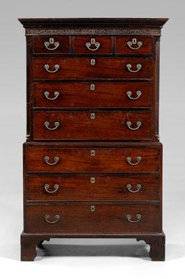 Appraisal: Fine Chippendale mahogany chest on chest two-case construction dovetailed drawers