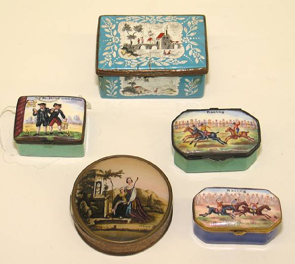 Appraisal: Four enamel snuff boxes and a French bonbon box th