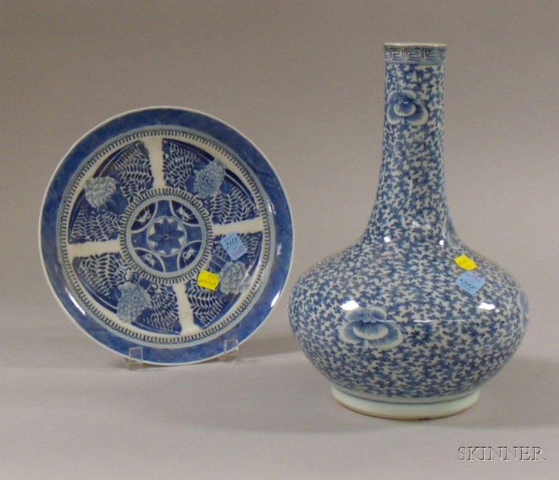 Appraisal: Chinese Blue and White Porcelain Bottle-form Vase and a Plate