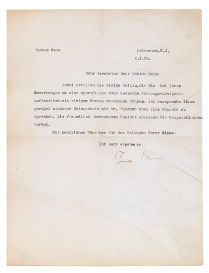 Appraisal: MANN THOMAS Typed Letter Signed to Freud's student Theodor Reik