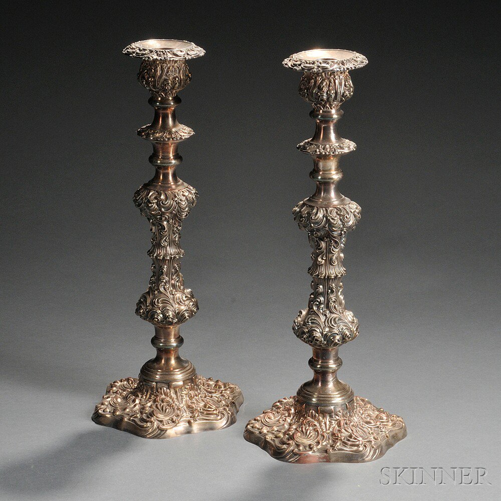 Appraisal: Pair of Large Silver-plated Candlesticks England th early th century