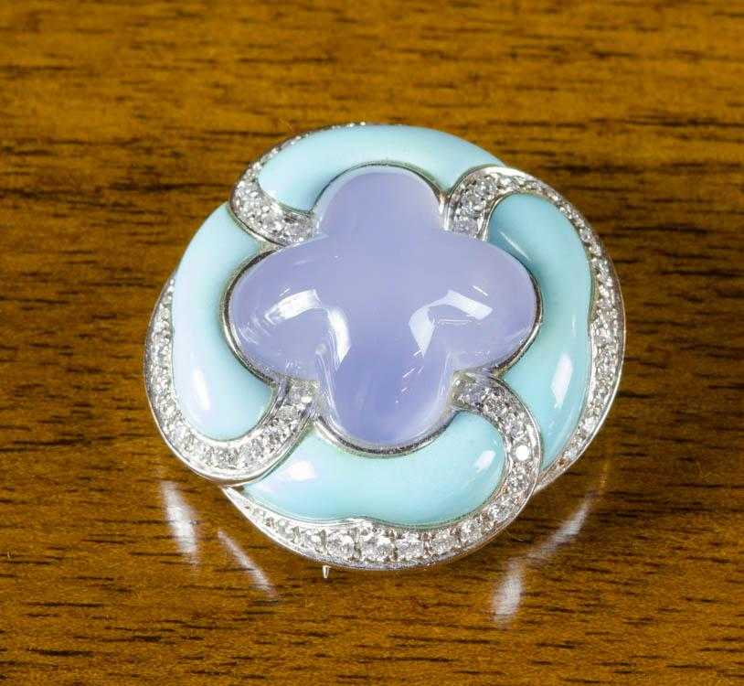 Appraisal: CHALCEDONY TURQUOISE AND DIAMOND BROOCH k white gold with round-cut