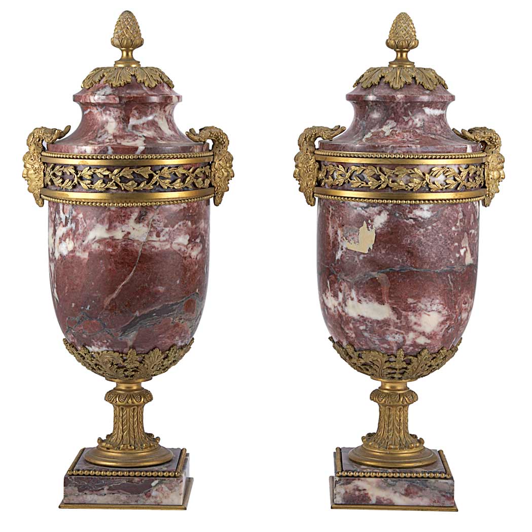 Appraisal: Pair of Louis XVI Style Gilt-Bronze Mounted Marble Urns Late