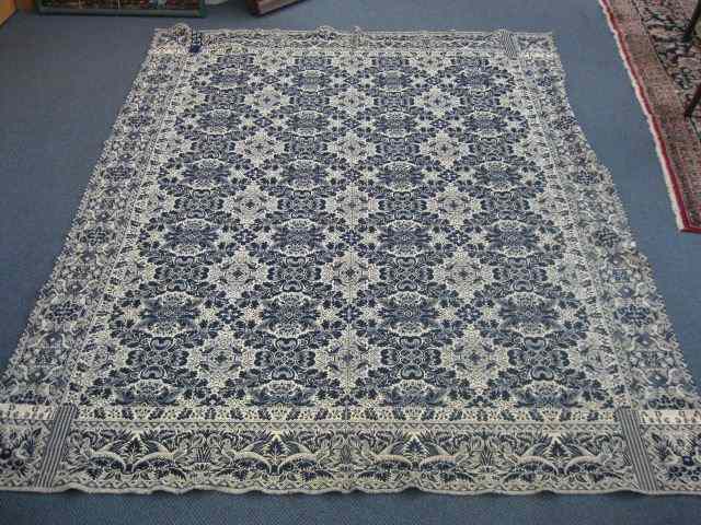 Appraisal: Blue White Coverlet elaborate bird floral decor dated on corner