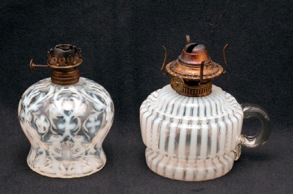 Appraisal: Two small white opalescent oil lamps Includes Miniature size with