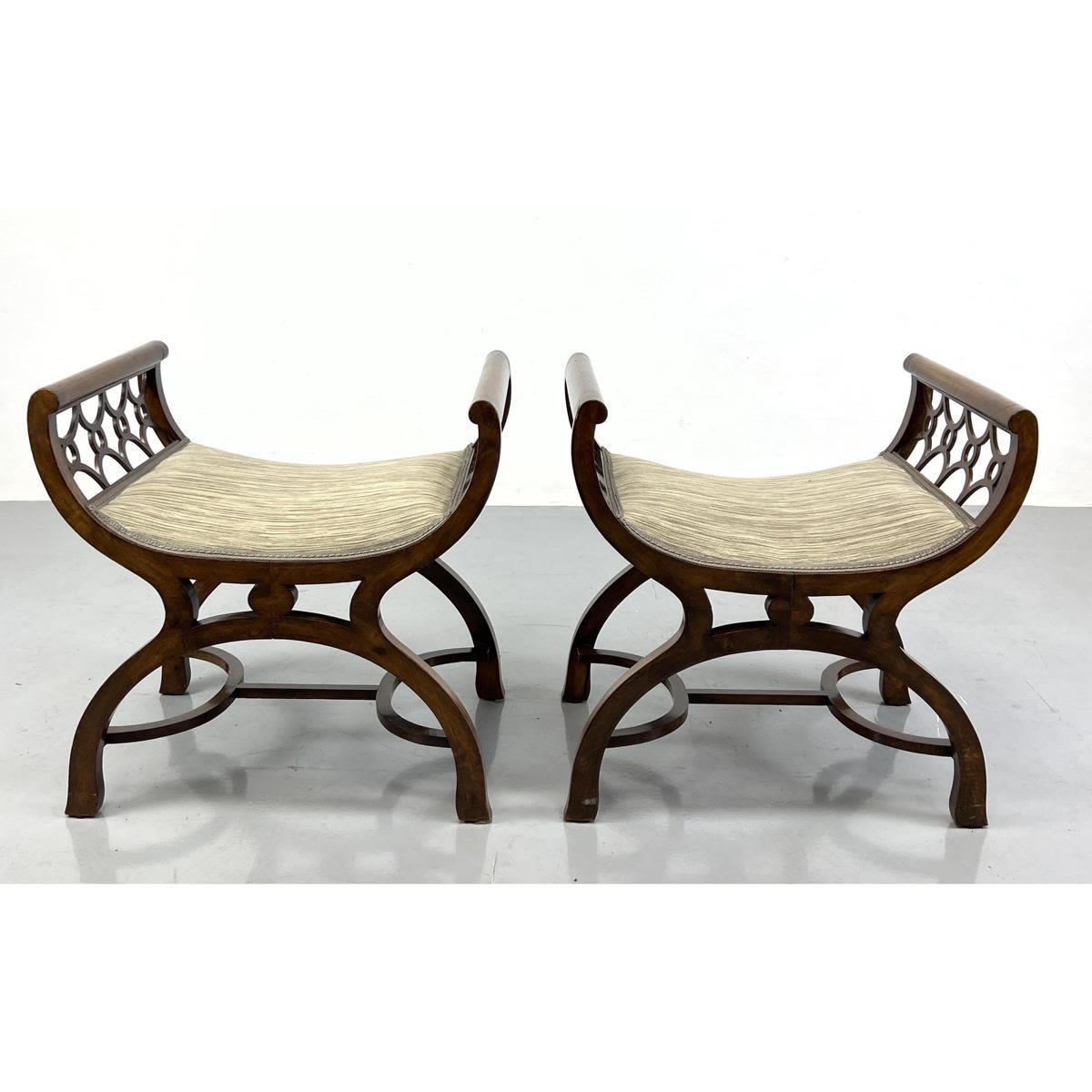 Appraisal: Pr Vintage Decorator Benches Open Fretwork Sides on Bowed Seats