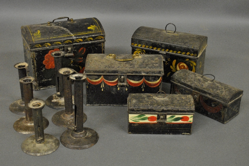 Appraisal: - Five toleware trinket and document boxes th c largest