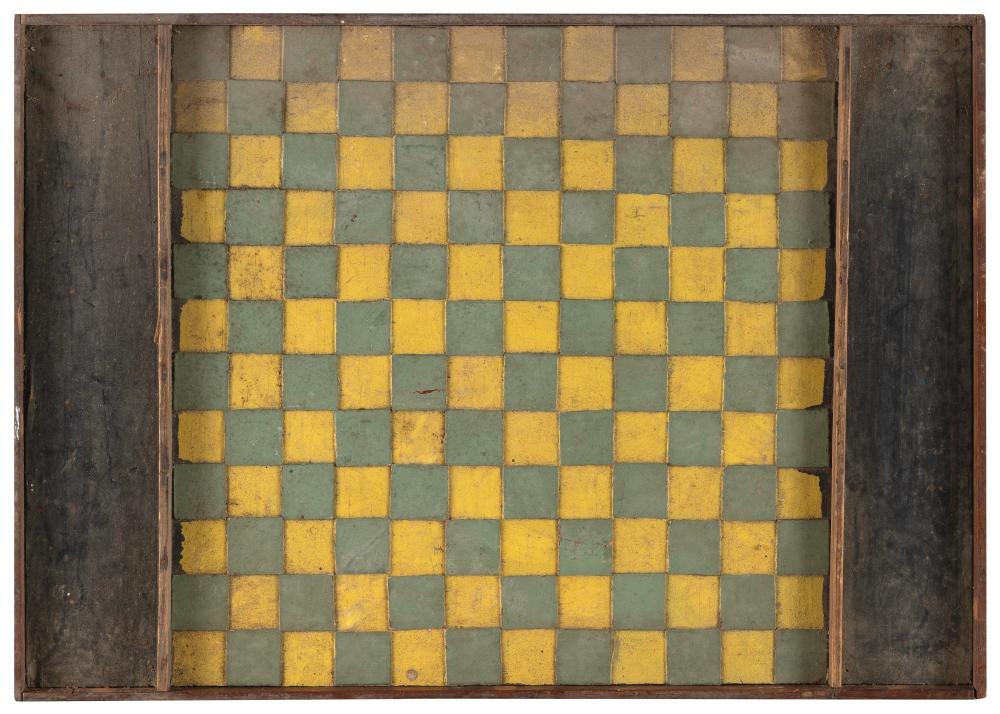 Appraisal: PAINTED WOODEN GAME BOARD th Century Green and yellow checkerboard