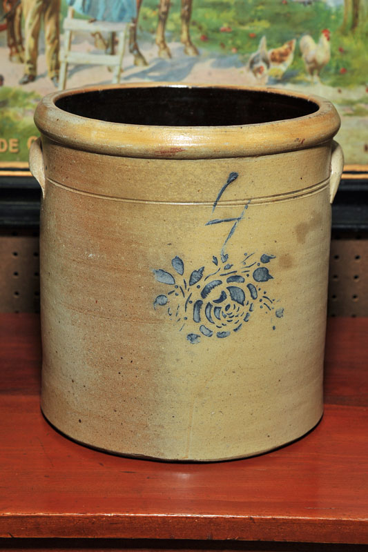 Appraisal: STONEWARE CROCK Four gallon handled crock having stencilled cobalt floral