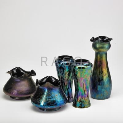 Appraisal: RINDSKOPF Attr ETC Five oil spot glass vases Rindskopf amethyst