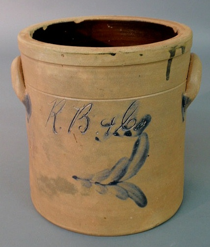 Appraisal: One-gallon stoneware crock with blue decoration and incised R B