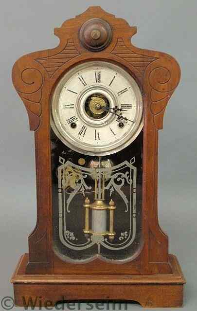 Appraisal: Victorian walnut mantel clock with alarm and mercury pendulum h