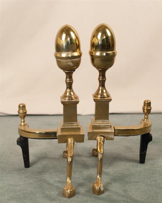 Appraisal: A Pair of Acorn-top Brass Fire Dogs by The Harvin