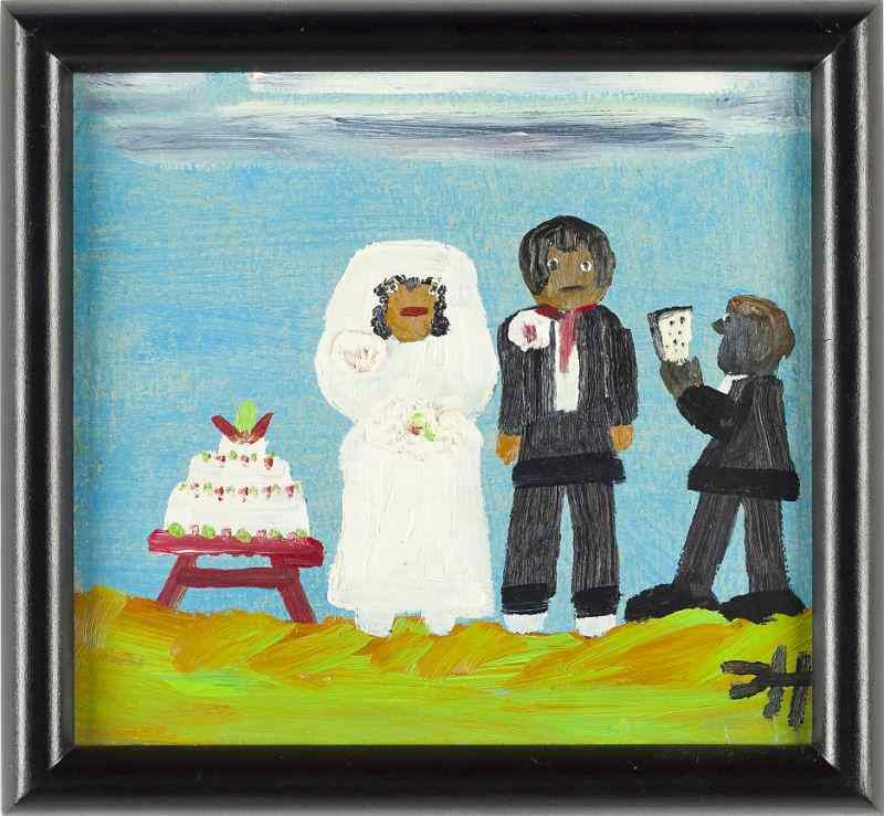 Appraisal: Clementine Hunter LA - Wedding Sceneoil on board monogrammed at