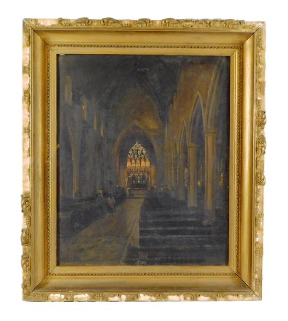 Appraisal: Oil on board th C depicts interior of a Gothic