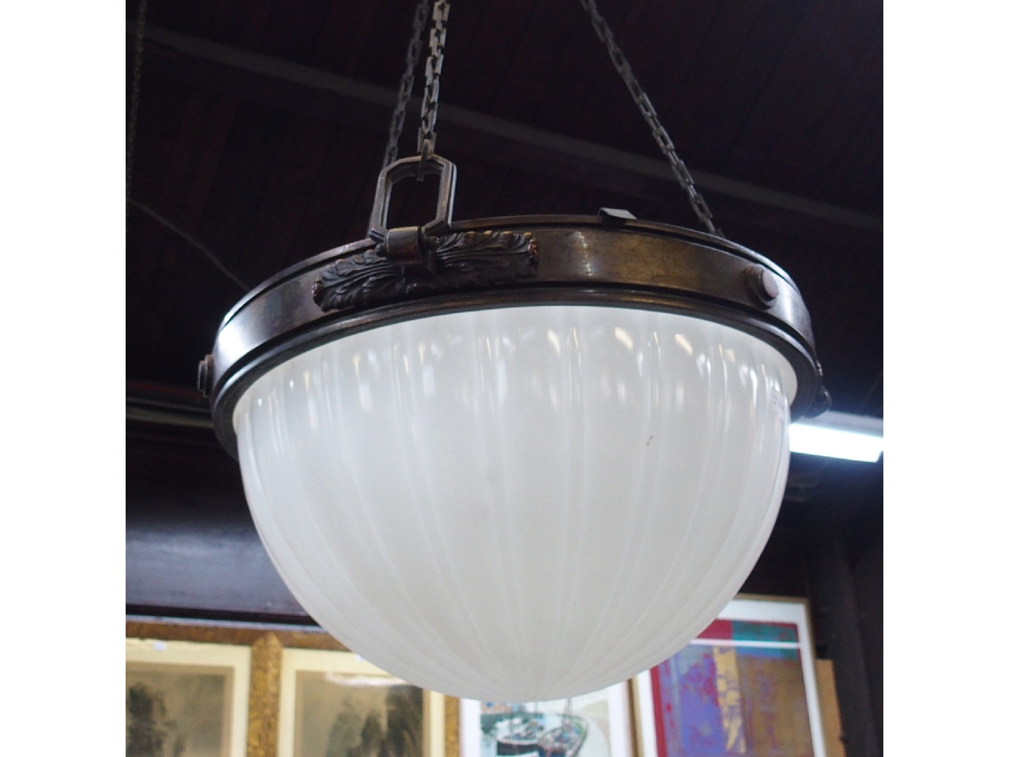 Appraisal: Large metal mounted milk glass ceiling light