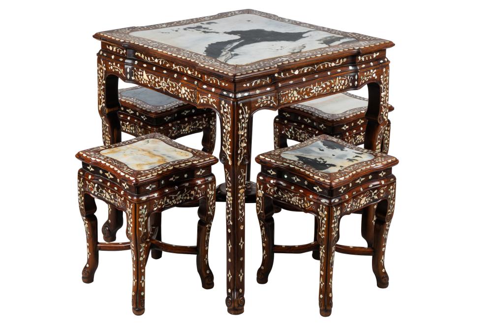 Appraisal: CHINESE MARBLE-INSET ROSEWOOD TABLE STOOLSthe square table and four stools