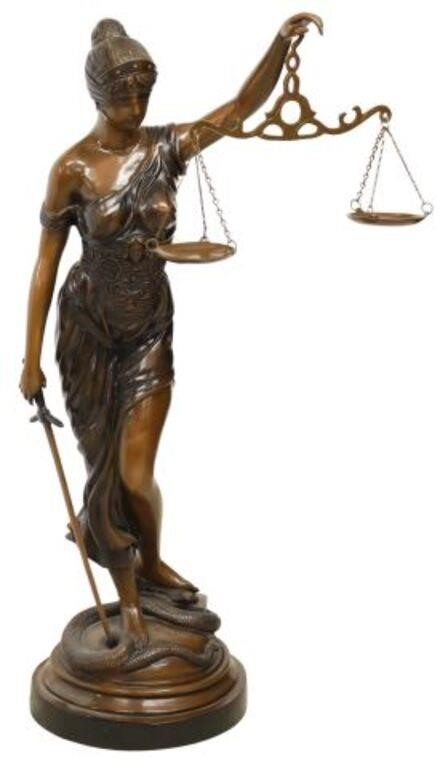 Appraisal: Bronze sculpture Scales of Justice depicting a blindfolded Lady Justice