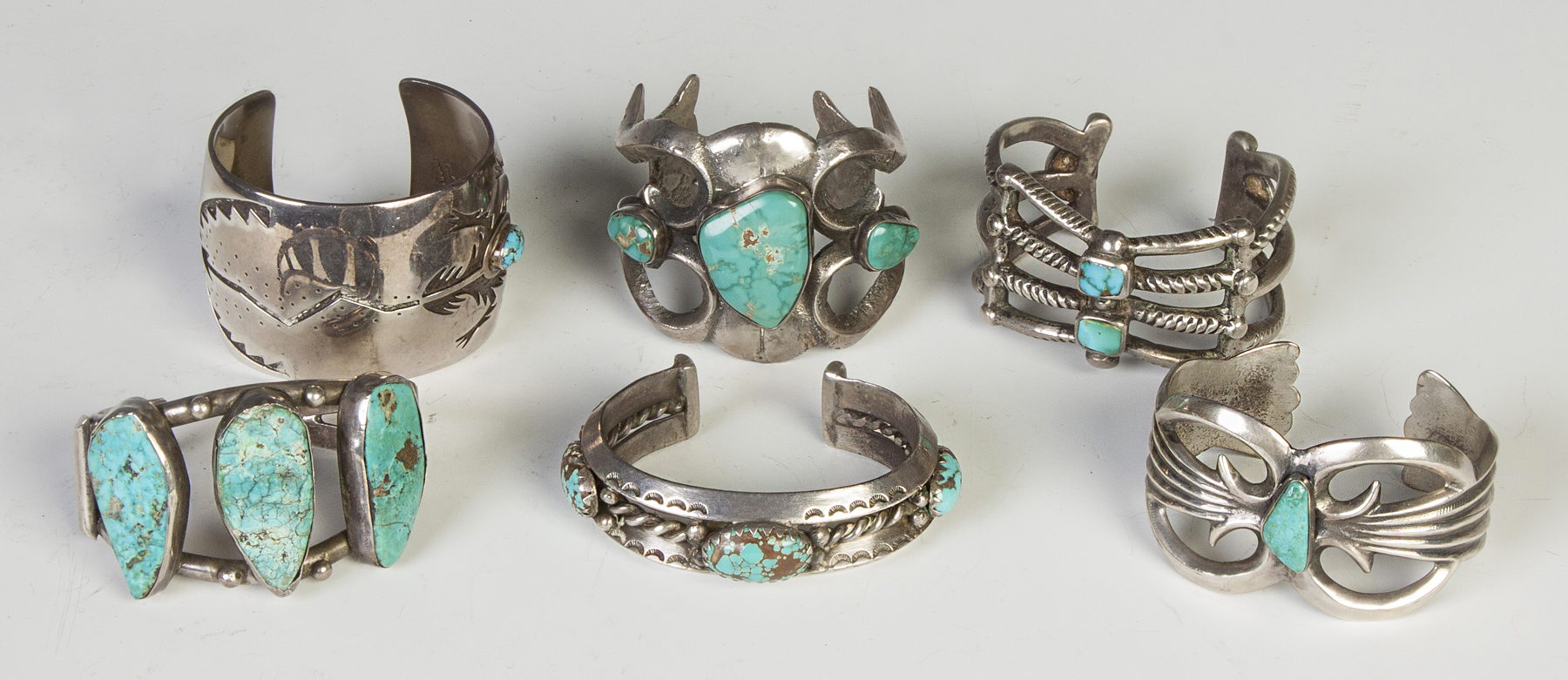 Appraisal: Six Navajo Silver Turquoise Cuff Bracelets