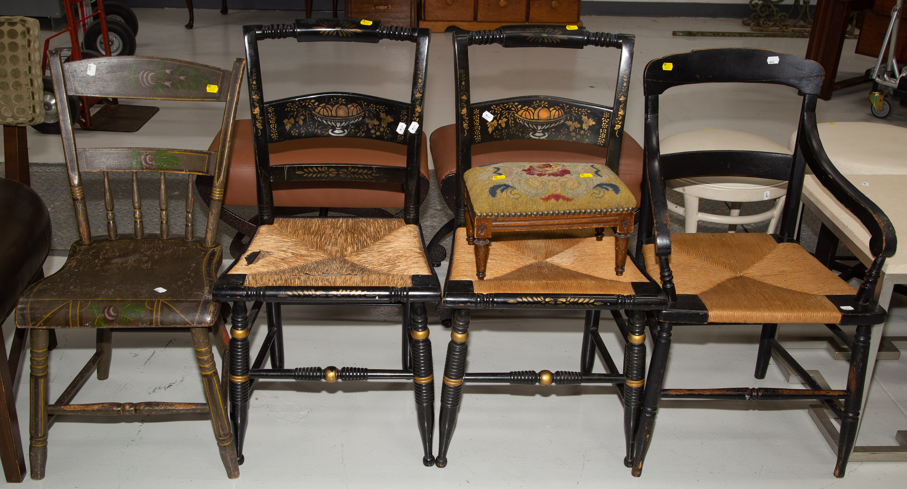 Appraisal: A SELECTION OF FOUR CHAIRS A FOOTSTOOL Comprising a pair