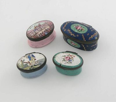 Appraisal: Four various small enamelled copper boxes oval with hinged covers