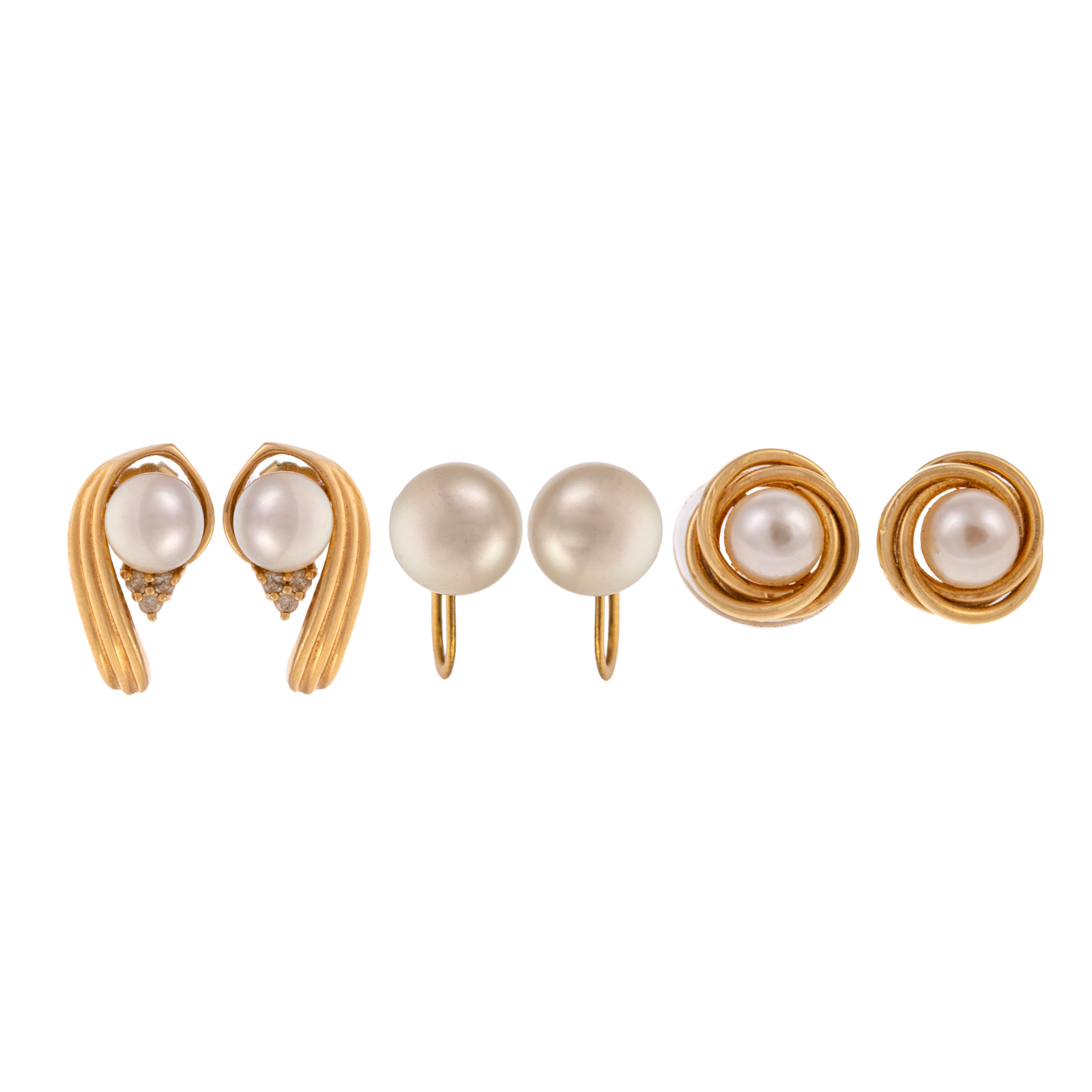 Appraisal: THREE PAIRS OF K YELLOW GOLD PEARL EARRINGS K yellow