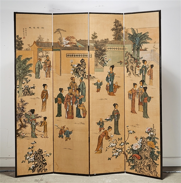 Appraisal: Chinese four-panel painted screen depicting figures in an outdoor setting