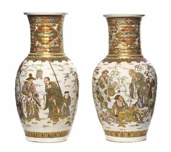 Appraisal: A Pair of Satsuma Baluster Vases the main bodies having