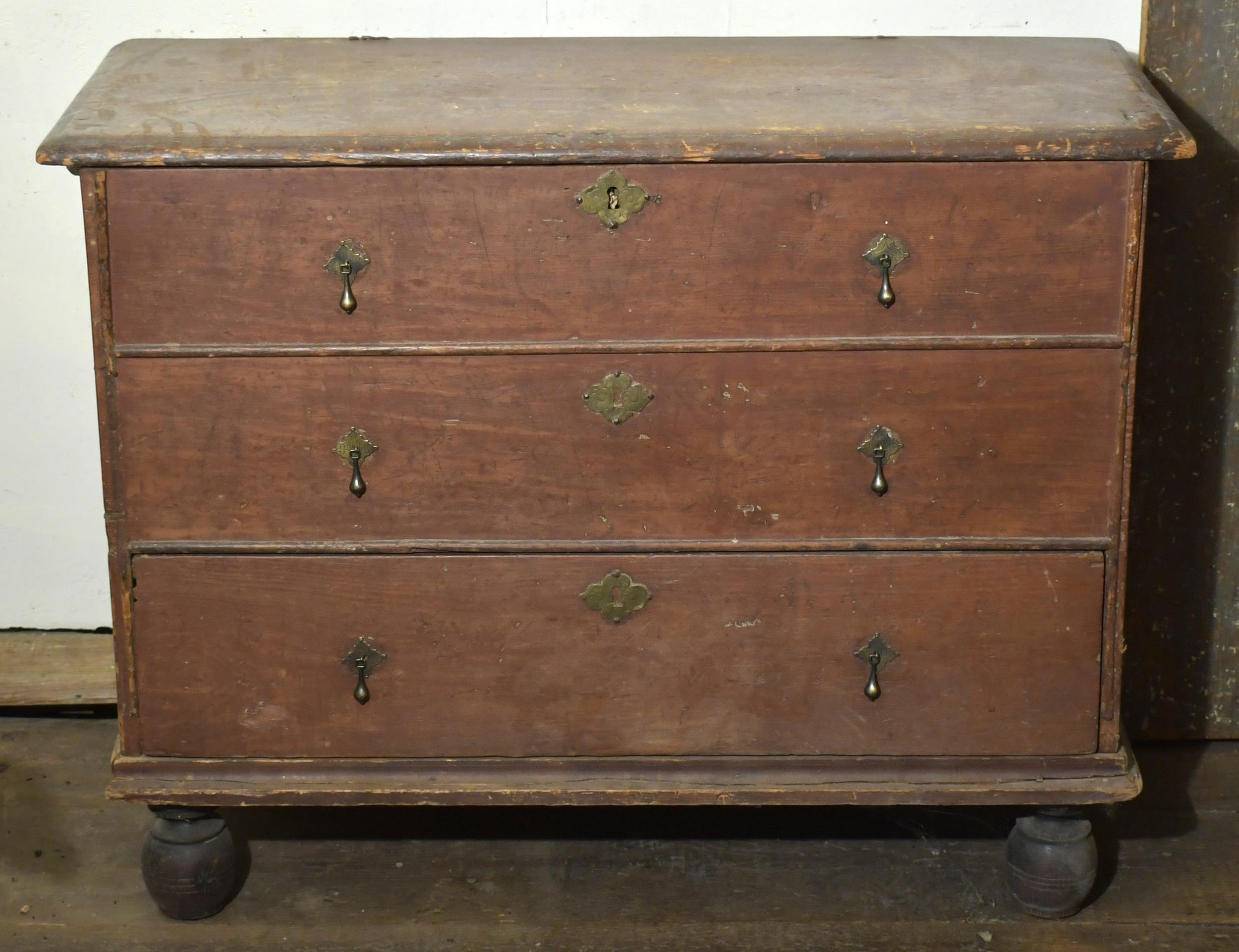 Appraisal: EARLY TH C BALL FOOT BLANKET CHEST Red stained snipe