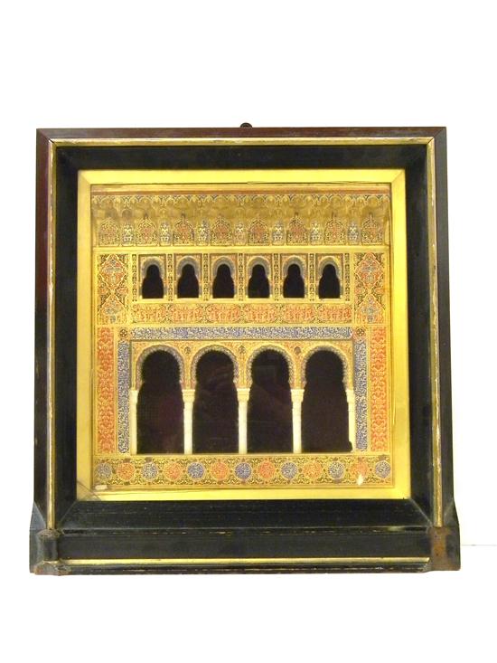 Appraisal: Polychromatic and gilt Moorish palace fa ade with horseshoe arcade