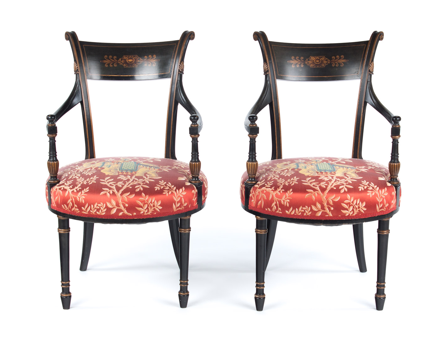 Appraisal: Pair of Italian ebonized wood armchairs th century with gilt