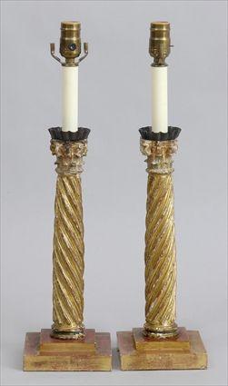 Appraisal: PAIR OF ITALIAN BAROQUE-STYLE CARVED PAINTED AND PARCEL-GILT CANDLESTICKS MOUNTED