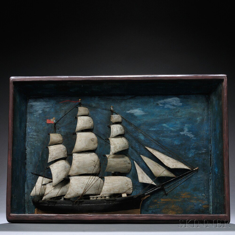 Appraisal: Carved and Painted Wooden Ship Diorama c with painted background