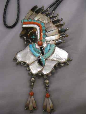 Appraisal: Indian Bolo Tie figural chief design with turquoise abalone coral