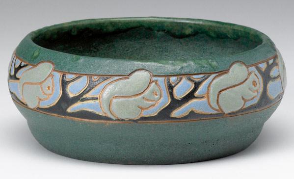 Appraisal: UNIVERSITY CITY Rounded bowl carved with a band of green