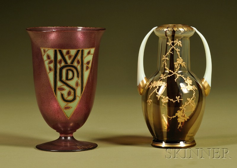 Appraisal: Two Art Glass Colored Vases Gilded Amber Glass Two Handled