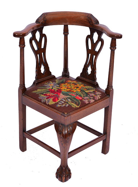 Appraisal: A GEORGE III STYLE MAHOGANY CHILD'S CORNER CHAIR with floral