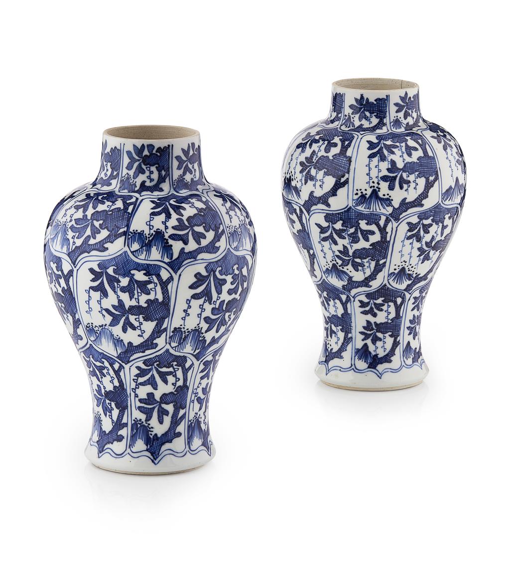 Appraisal: PAIR OF BLUE AND WHITE VASES KANGXI PERIOD of baluster