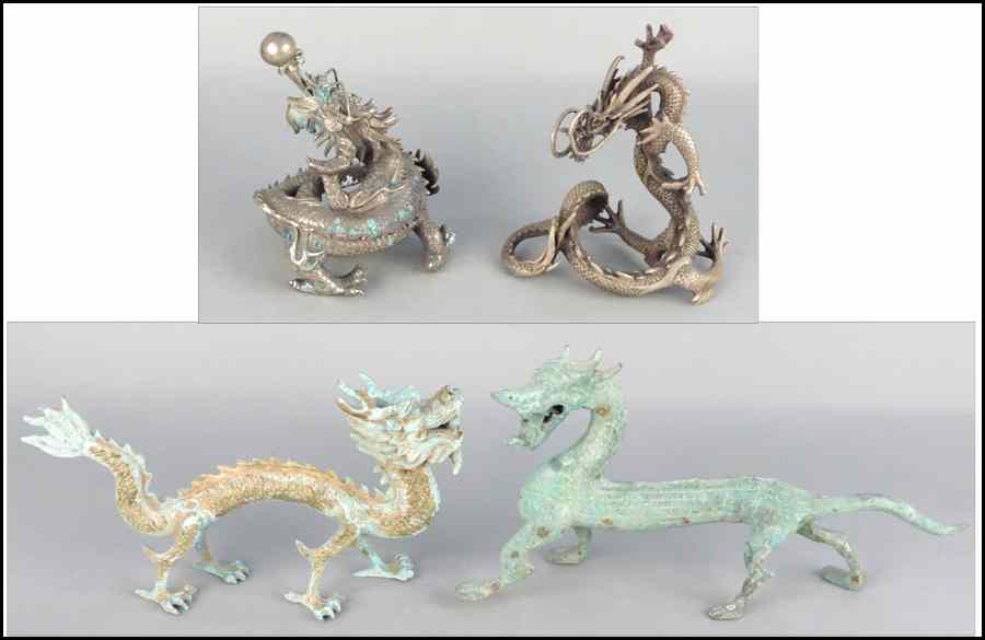 Appraisal: COLLECTION OF FOUR PATINATED METAL DRAGONS Largest Height '' x