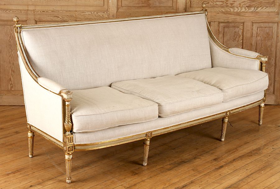 Appraisal: PAINTED GILT JANSEN LOUIS XVI STYLE SOFA C A painted