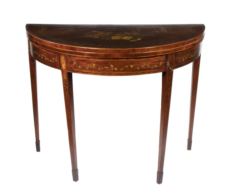 Appraisal: HEPPLEWHITE INLAID CARD TABLE Early th c Mahogany Demilune Table