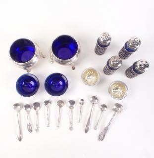 Appraisal: Silver Salt and Pepper Shakers Cellars With cobalt glass liners