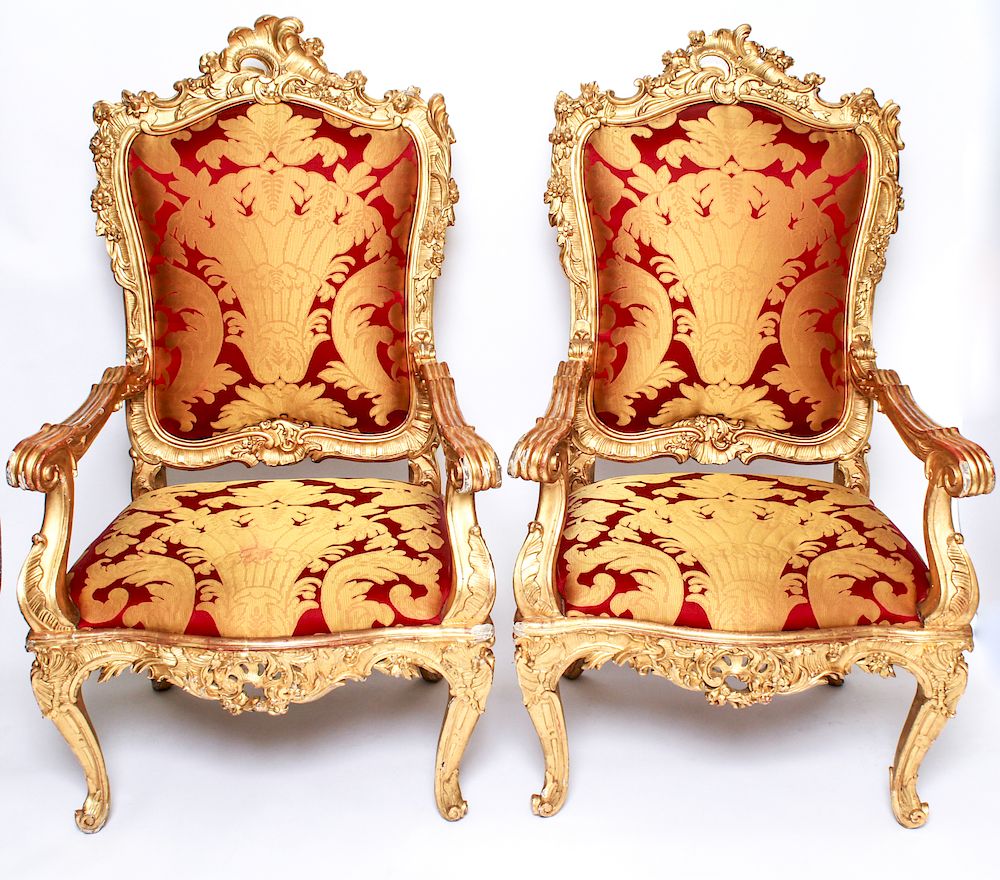 Appraisal: French Rococo Giltwood Open Armchairs Chairs Pr French Rococo gilt-gesso