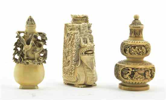 Appraisal: A Group of Three Carved Ivory Snuff Bottles one in