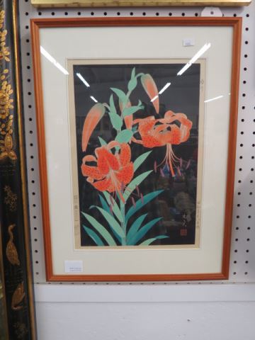 Appraisal: Japanese Woodblock Print of Tiger Lillies signed image area X