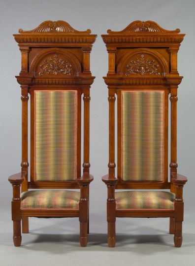 Appraisal: Monumental Pair of American Late Victorian Quarter-Sawn Oak Tall-Back Armchairs