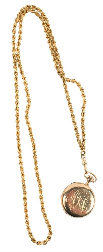 Appraisal: Two Piece Karat Gold Rope Pendant Chain and Waltham Lapel