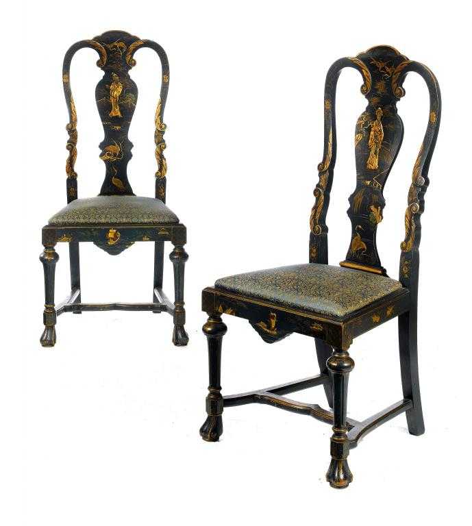 Appraisal: A PAIR OF BLUE JAPANNED CHAIRS decorated with an oriental