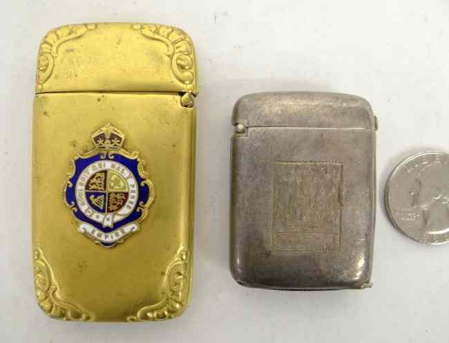 Appraisal: Lot match safes including brass with enamel seal unmarked and