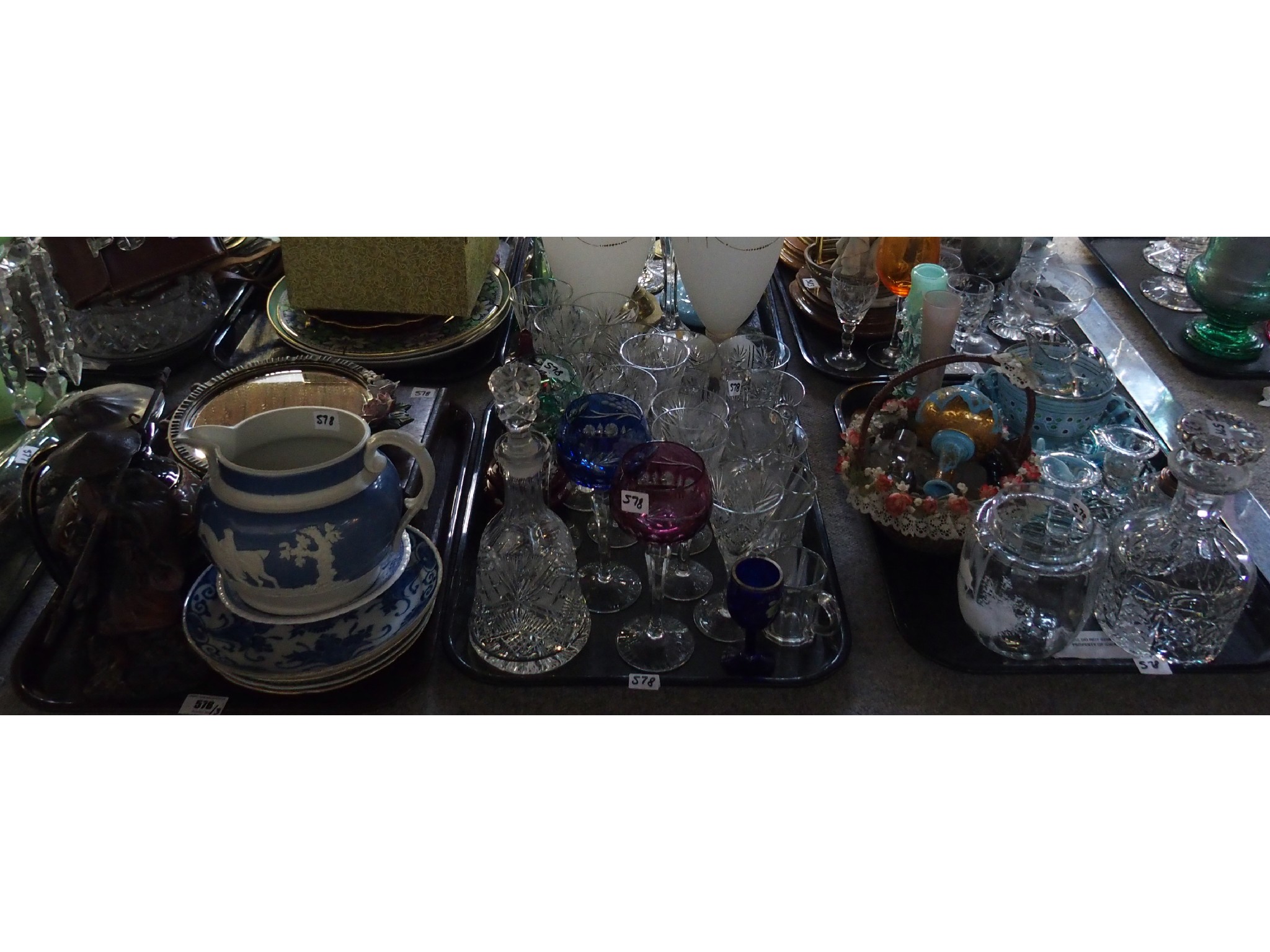 Appraisal: Three trays comprising cut glass wine stems decanters coloured cut-to-clear